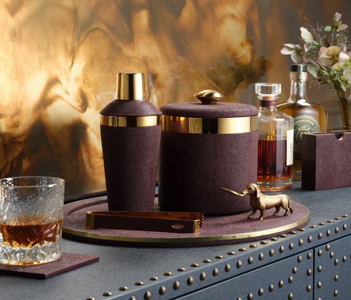 Langston Oxblood/Gold Bar Collection Ice Buckets + Bar Sets