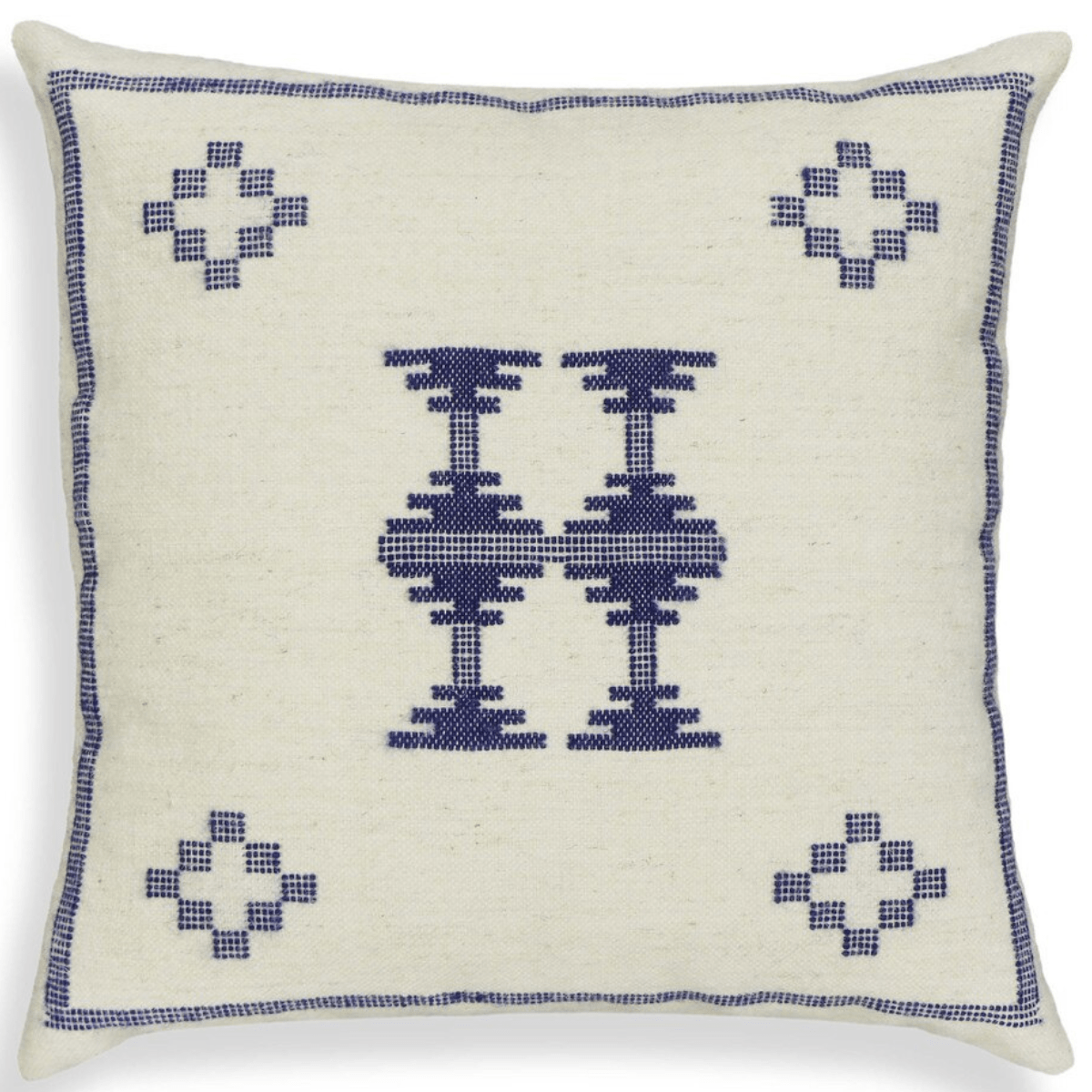 Heritage Cream & Indigo Wool Square Accent Cushion Pillow & Decor TOV-C18737