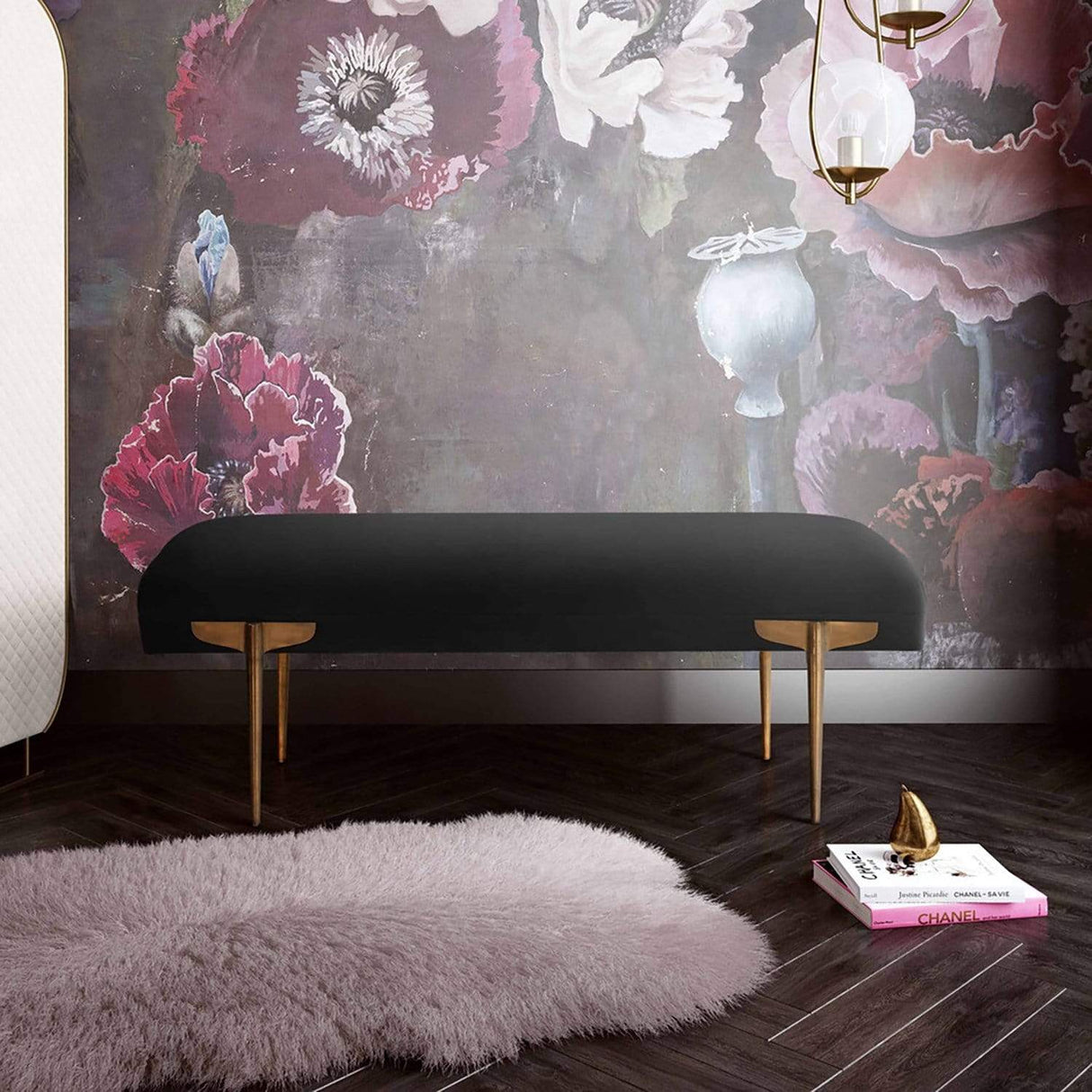 Candelabra Home Brno Velvet Bench - Black Furniture TOV-OC6209 00806810358337