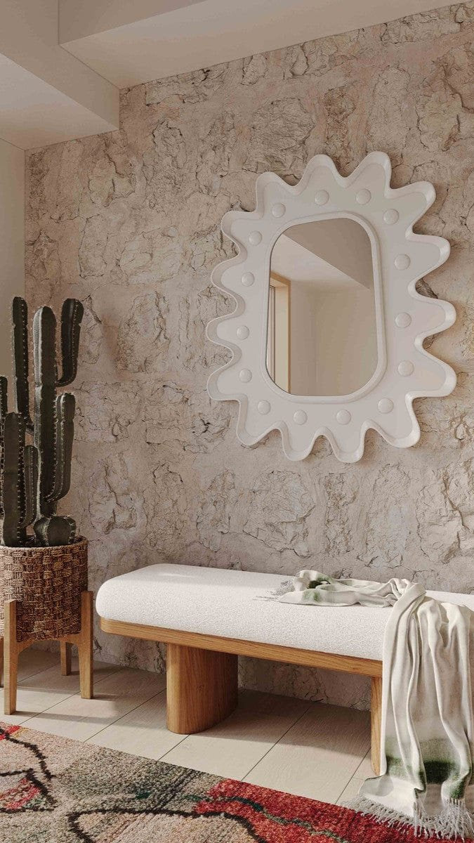 Candelabra Home Ollie White Boucle Wooden Bench Furniture