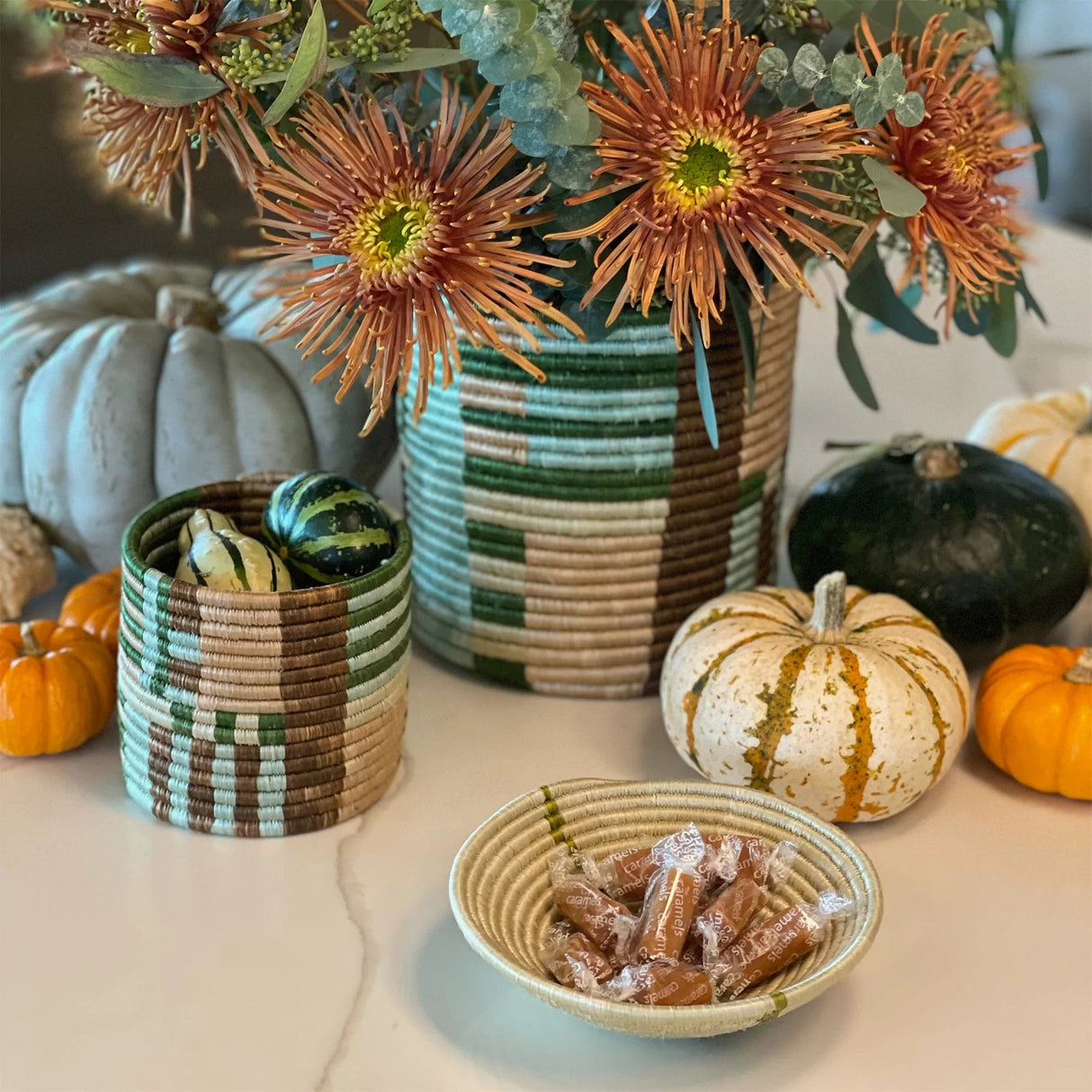 Handwoven Baskets by BLU 6" Small Striped Olive Round Basket Wall across-africa-FB.10712