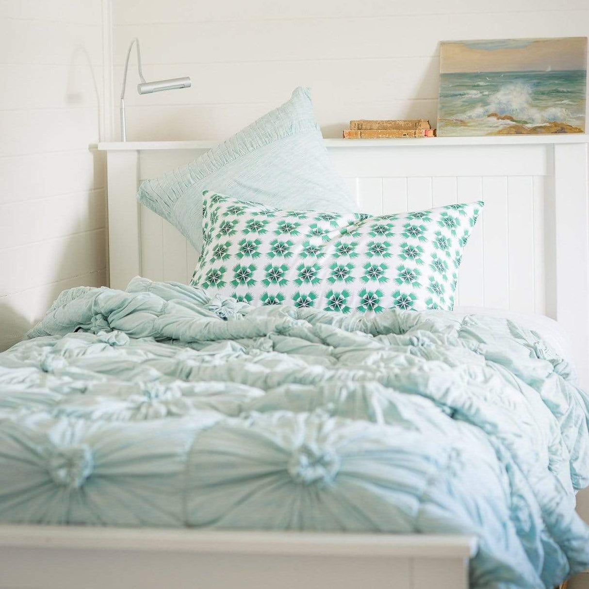 Lazybones Rosette Round Cushion in Aqua Marle Organic Cotton Bedding and Bath lazybones-eurram