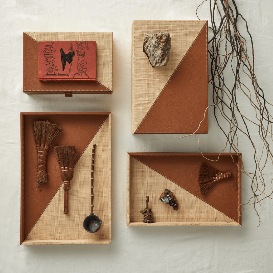 Leather & Raffia Tray (Set of 2) Trays 1200-1070