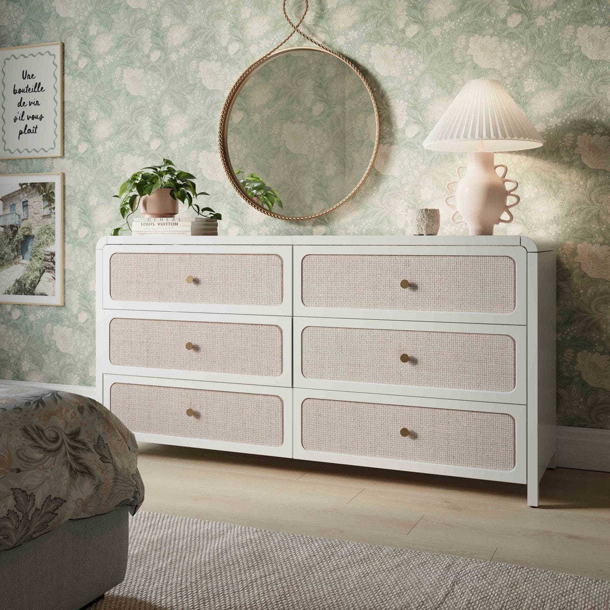 Starling White Rattan 6 Drawer Dresser Meadow Blu