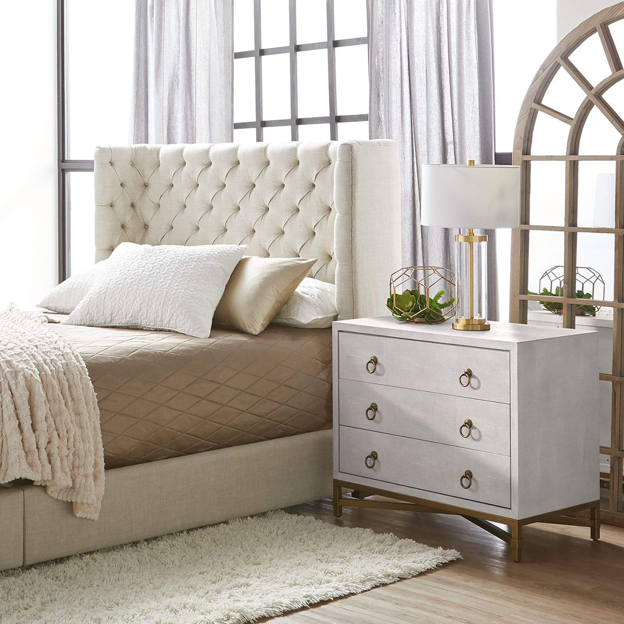 BLU Home Strand Shagreen 3-Drawer Nightstand - White Furniture orient-express-6120.WHT-SHG/GLD 00842279109509