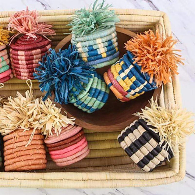 Handwoven Baskets by BLU Mist + Teal Pom Pom Basket Ornament Art across-africa-OO.20148